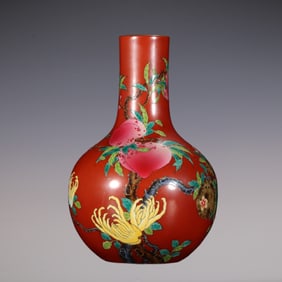 An Exquisite Famille-Rose Coral Red Glazed Bats and Peach Pattern Vase