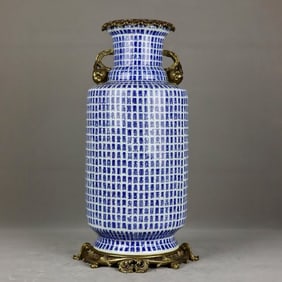 An Exquisite Blue and White Inlaid Bronze Double-Ears Vase