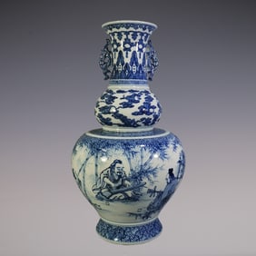 An Exquisite Blue and White Character and Story Pattern Gourd-Shaped Double-Ears Vase