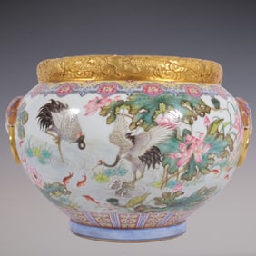 An Exquisite Enamel Painted Gold Flower and Bird Pattern Dragon Pattern with poem Double-Ears Brush