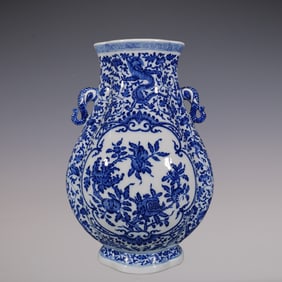 An Exquisite Blue and White Lotus Pattern Dragon Pattern Bats and Peach Pattern Double-Ears Vase