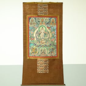 An Exquisite Brocade Painted Color Four-arms Statue of Avalokitesvara Tangka