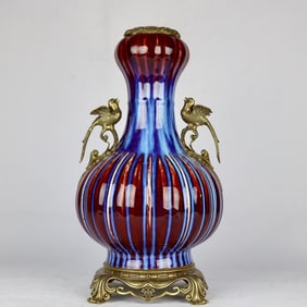 An Exquisite Flambe Glazed Inlaid Bronze Double-Ears Vase