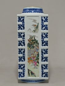 An Exquisite Famille-Rose Blue and White Lotus Pattern Landscape and Figure Pattern Vase