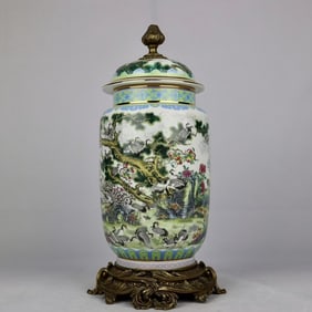An Exquisite Enamel Inlaid Bronze Pine and Crane Pattern Tea Caddy