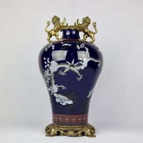 An Exquisite Ink Color Inlaid Bronze Dragon Pattern Double-Ears Vase