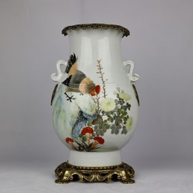 An Exquisite Famille-Rose Inlaid Bronze Flower and Bird Pattern with poem Double-Ears Vase