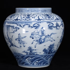 An Exquisite Blue and White Eight Treasures Pattern Character and Story Pattern Seawater Pattern Jar