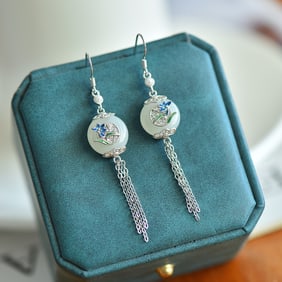 A Pair of Exquisite Silver Inlaid White Jade Earrings