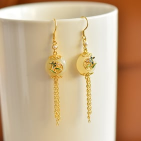 A Pair of Exquisite Gilt Silver Inlaid White Jade Enamel Earrings