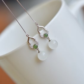 A Pair of Exquisite Silver Inlaid White Jade Earrings