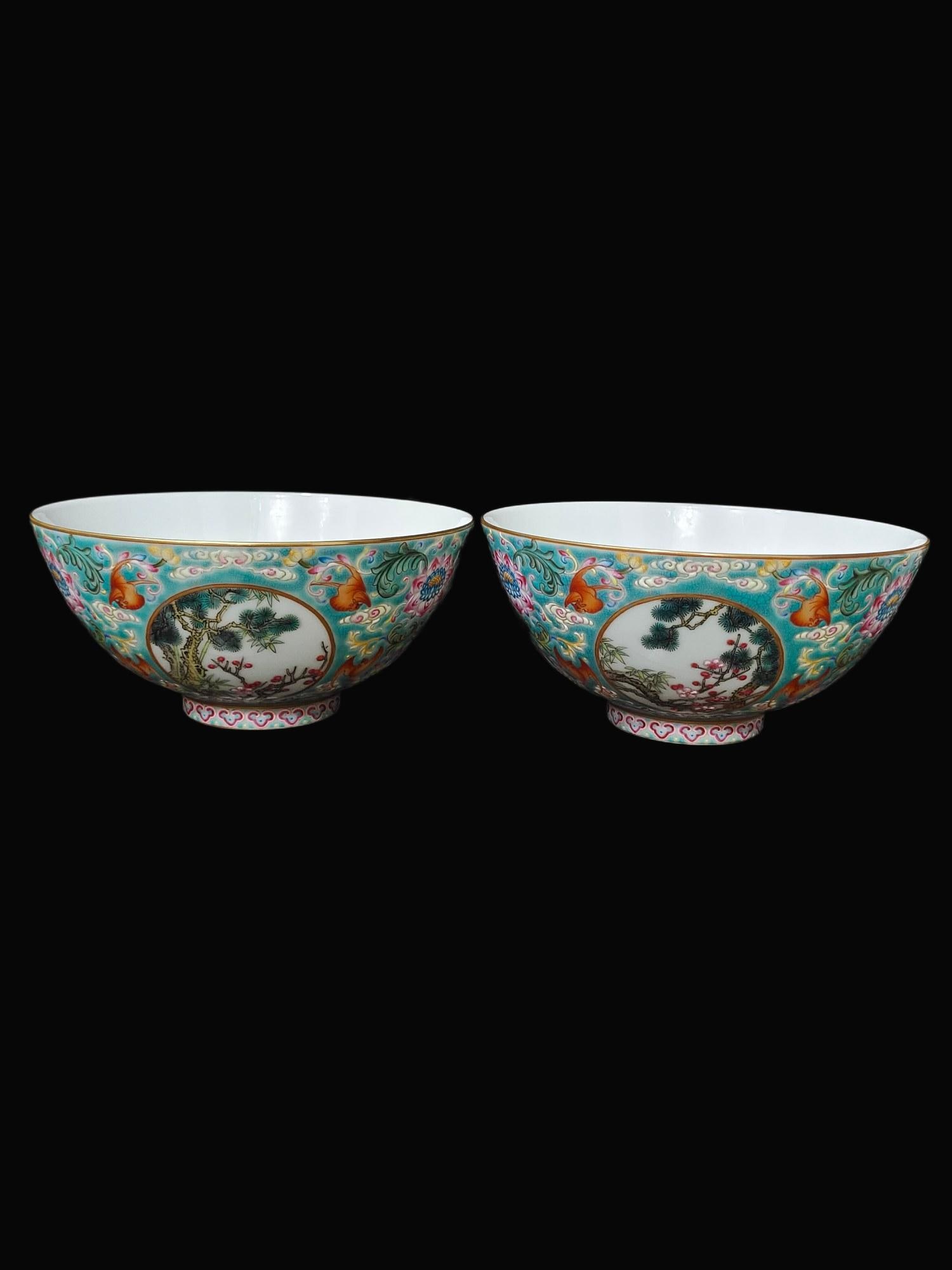 A Pair of Rare Enamel Lotus Flower Pattern Bowls (1 of 9)