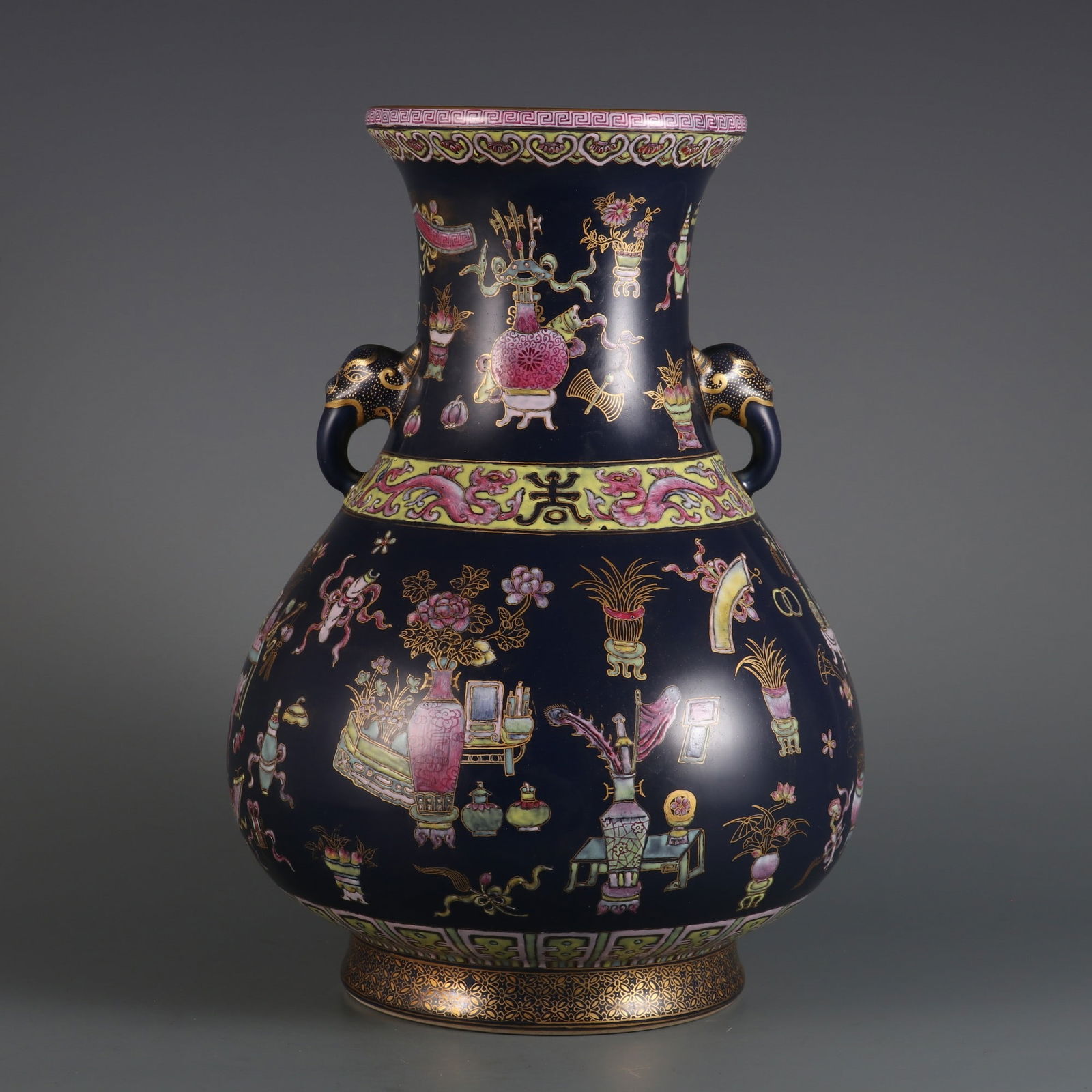 A Rare Ji Blue Glazed Famille-Rose Painted Color gold Antique Pattern Dragon-Ears Vase (1 of 9)