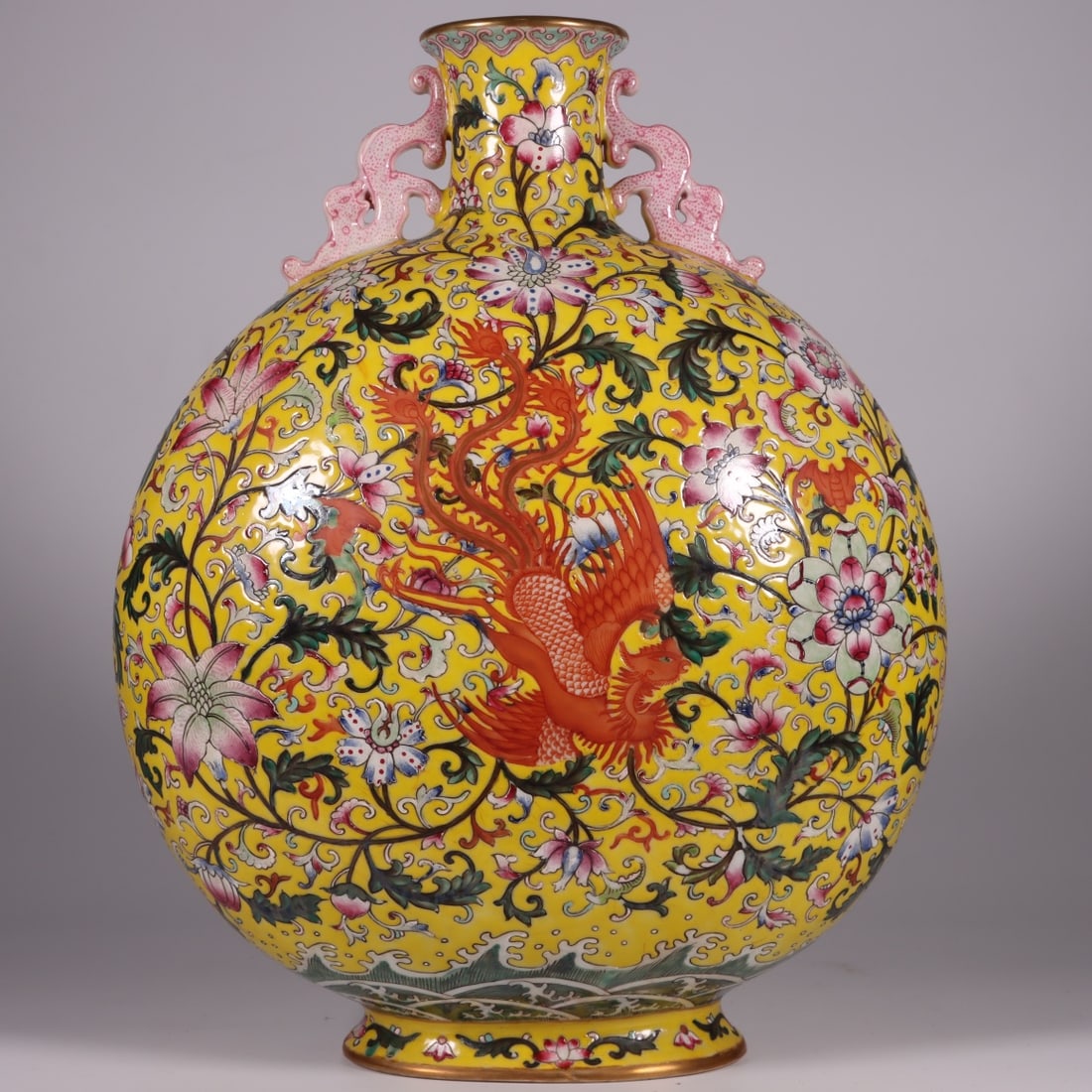A Rare Yellow Ground Famille-Rose Lotus Dragon-and-Phoenix Pattern Vase (1 of 9)