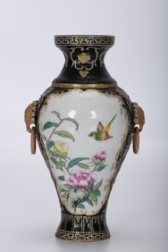 Famille-Rose Black Ground Painted Gold Flower and Bird Pattern Double-Ears Vase