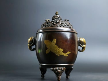 A Rare Red Copper Pattern-Carved and Gilt Elephant-Ears Incense Censer