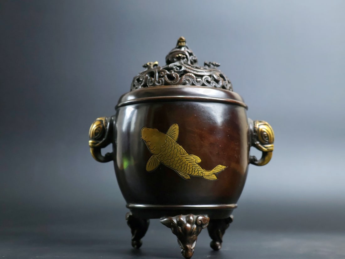 A Rare Red Copper Pattern-Carved and Gilt Elephant-Ears Incense Censer (1 of 9)