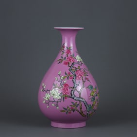 A Rare Ruby Red Ground Famille-Rose Flower Bird Pattern Vase