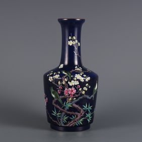 A Rare Blue Ground Enamel Flower and Bird Pattern Vase