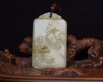 A Rare Hetian Jade Carved Landscape Pattern Jade PlaquePendant