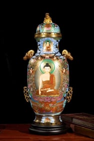 Enamel Buddha Statue Pattern Double-Ears Vase with a Lid