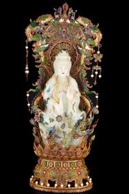 A Rare Gilt Inlaid Jade Guanyin