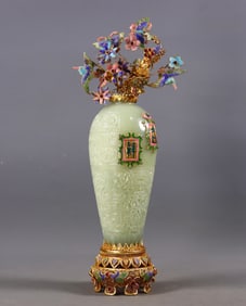 A Rare Silver Gilt Inlaid Hetian Jade Vase