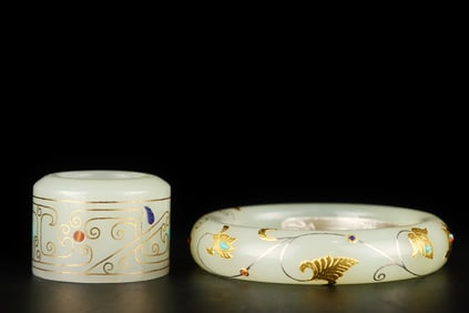 A set of Rare Hetian Jade Gold and Silver Inlay Jewelry