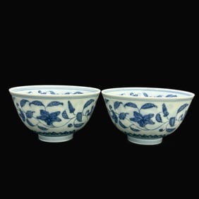 A pair of Rare Blue and White Lotus Flower Pattern Cup