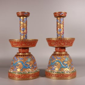 A pair of Rare Enamel Carved Gold Ground Dragon Pattern Candlestick