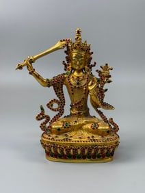 A Rare Gilt Copper Inlaid Gems Buddha statue