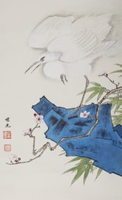 A Chinese Vertical Scroll Ink Painting of Flowers and Birds on Paper