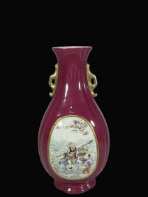 Ruby Red-Glazed Outline in gold Flower Figure Pattern Vase
