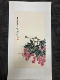 A Chinese Vertical Scroll Ink Painting of lotus on Paper,Modern Time of China,Xu Linlu,without frame