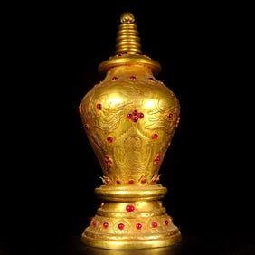 A Rare Gilt Bronze Inlaid Gems Pagoda