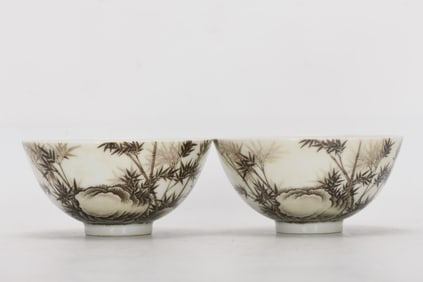 A pair of Ink Color Bamboo Pattern Cup