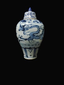 A Rare Blue and White Lotus Dragon Pattern Vase