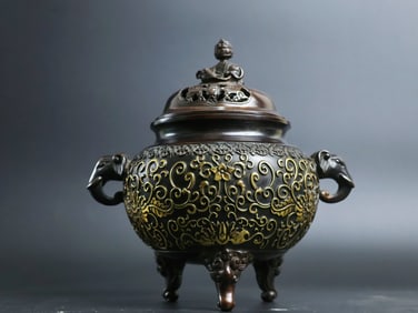 A Rare Red Copper Relief Carved and Gilt Elephant-Ears Censer