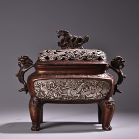 A Rare Coppery High Relief Carved and Silver-gilded Lion-lid Censer