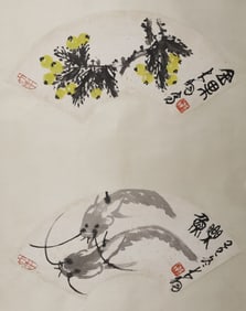 A Chinese Vertical Scroll Ink Painting of Flowers, Fruits and Double Fish on Paper