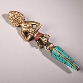 A Rare Coppery Inlaid Gem Vajra Pestle