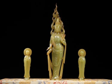 A Rare Hetian Jade Yellow Jade A Set of Statue of Avalokitesvara Ornament