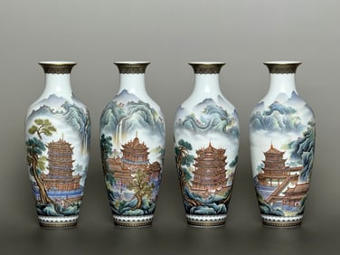 A Set of Ink Color Painted Gold Landscape Pattern Vase