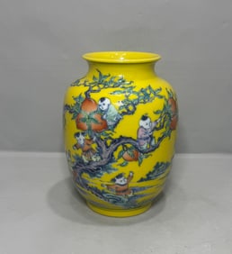 A Rare Yellow Ground Doucai Bat Peach and Character Patterns Vase