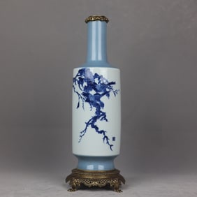 A Rare Blue and White Copper Inlaid Flower Bird Vase