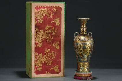 A Rare Gold and Silver-Inlaid Bronze Bronze Double-Ears Vase