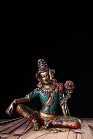 A Rare Coppery Inlaid Gem Painted Gilded Green Tara Statue