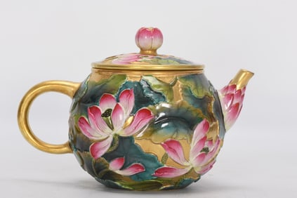 Enamel Gold Ground Carved Lotus Pattern Ewer