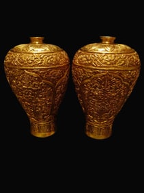 A pair of Rare Gilt Bronze "Flowers in Full Bloom for Prosperity" Vases