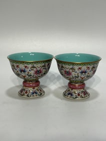A pair of Rare Famille-Rose Lotus Pattern Stem Cup